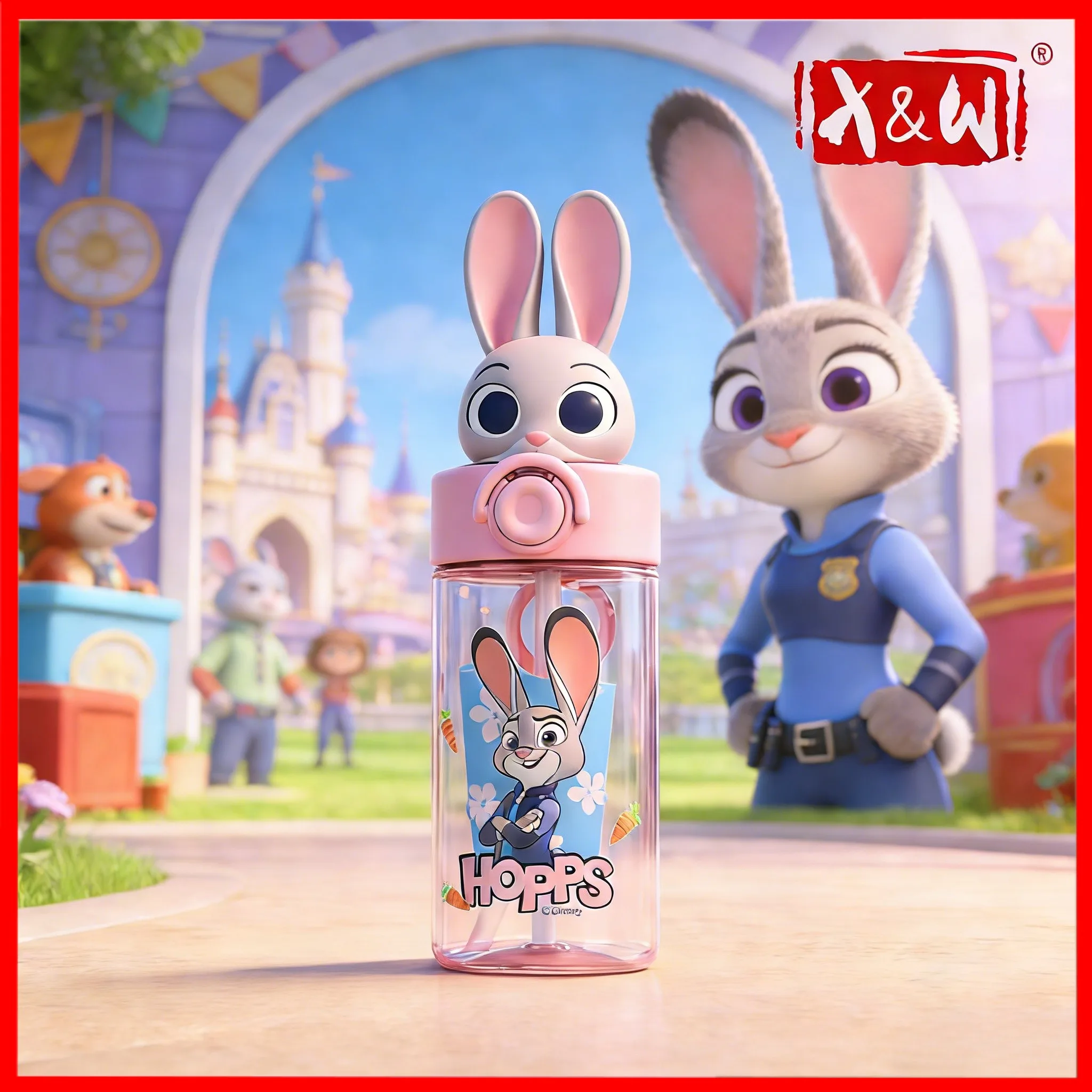 X&W 500ML Zootopia Puppenkopf Strohbecher Tritan+PP+Silikon Pop-Up-Becher mit Tragering Wasserflasche Paar-Stil Geburtstagsgeschenk