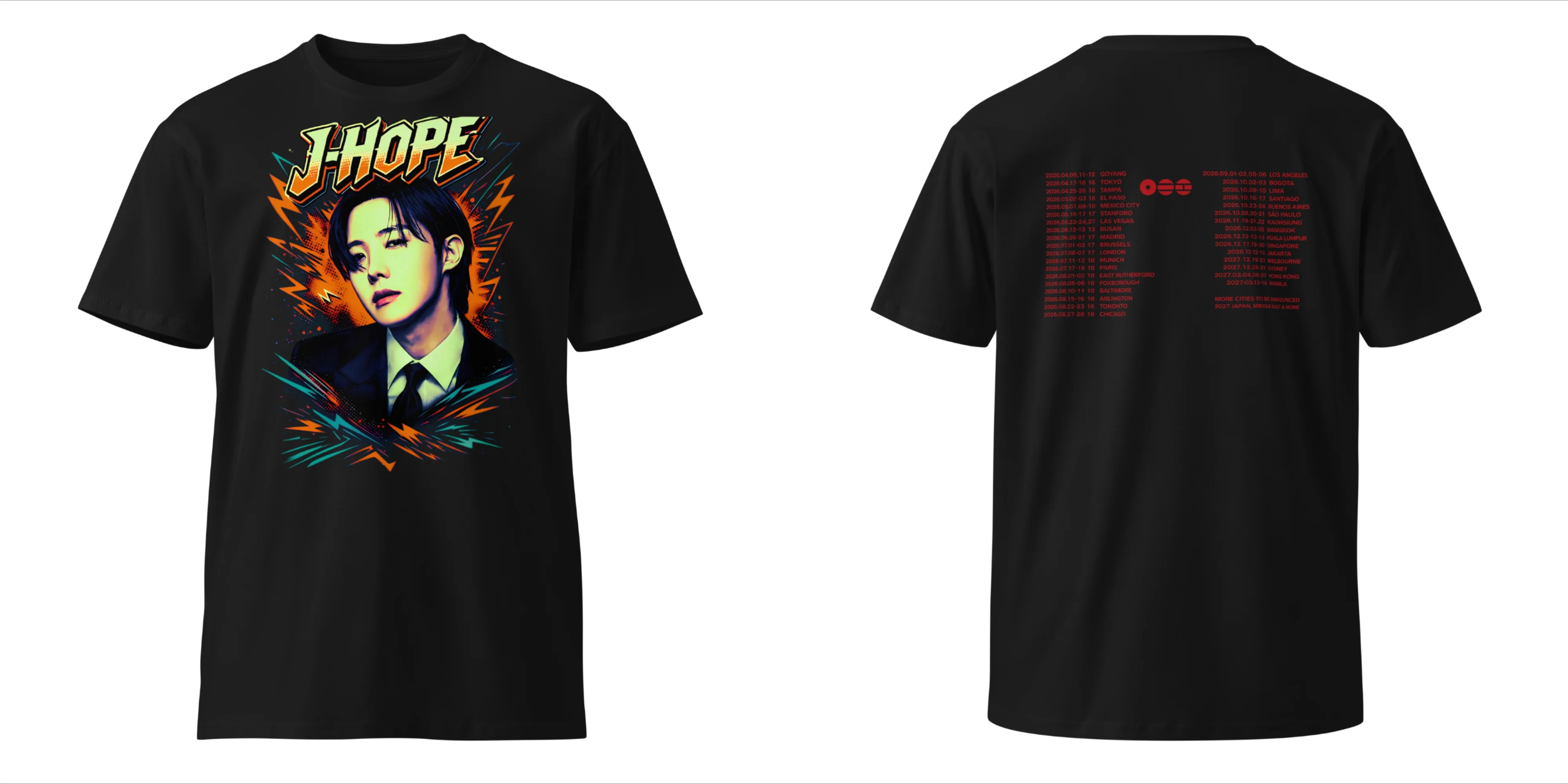 BTS J-hope Taehyung 2026 World Tour Doppelseitiges Grafik-T-Shirt mit Porträt und Tour-Städtenliste Kpop-Fans T-Shirt für Männer, Frauen und Kinder – Detail 9