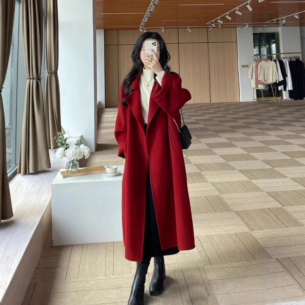 Red Woolen Coat Women's Winter 2025 New Loose High-End Feeling Atmosphere Medium Length Woolen Outerwear Long Sleeve Straight...