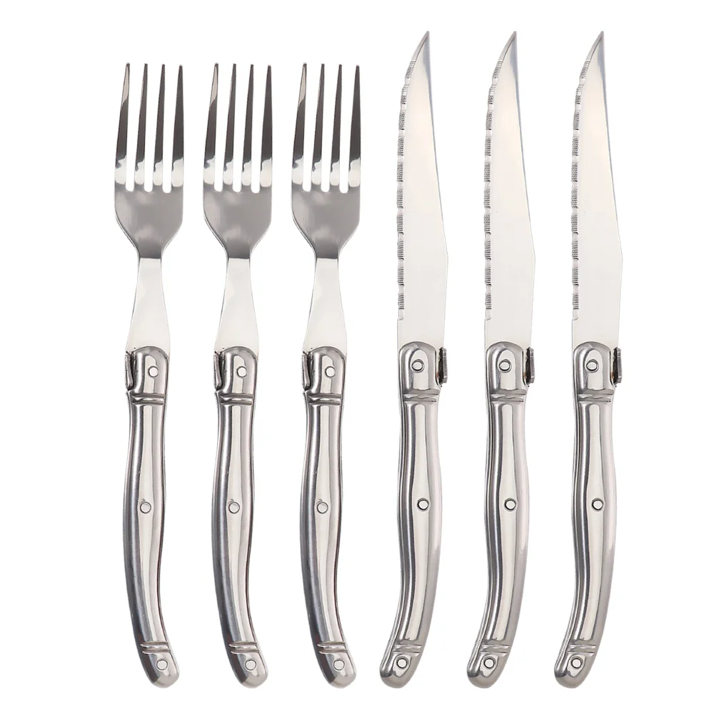 Jaswehome 6pcs Stainless Steel Flatware Set Laguiole Decorated 3Pcs Dinner Knives&3Pcs Forks Sets Western Dinnerware