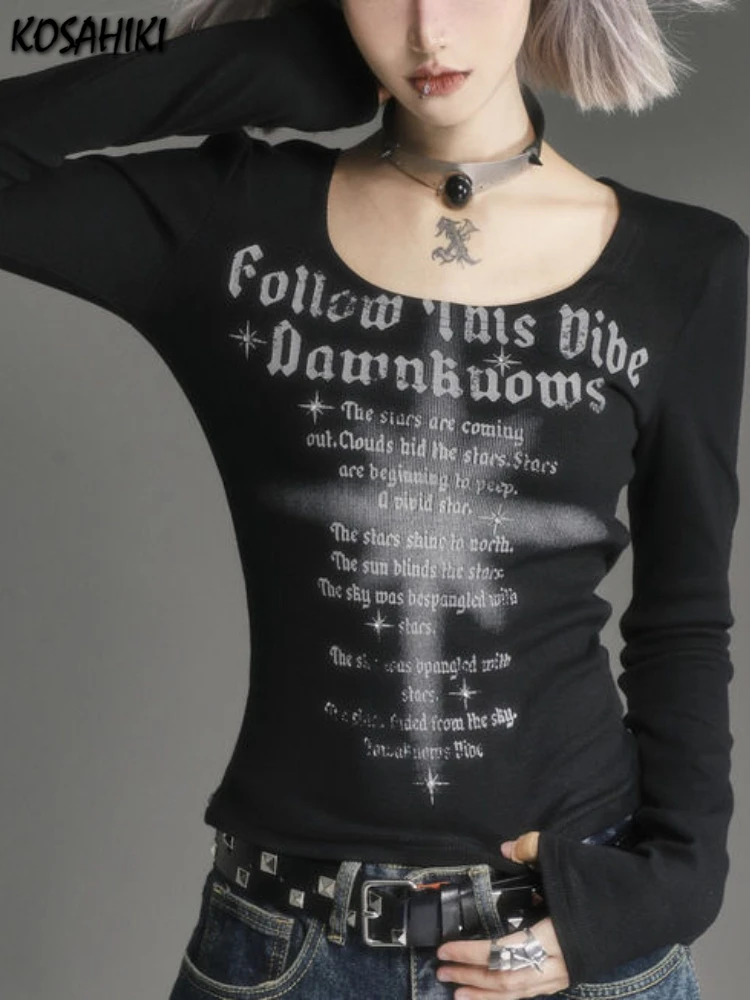 Personality Y2k Aesthetic Slim Women T-shirt Vintage Letter Print Streetwear Grunge Tshirts Harajuku Vintage gothic Tee Femme