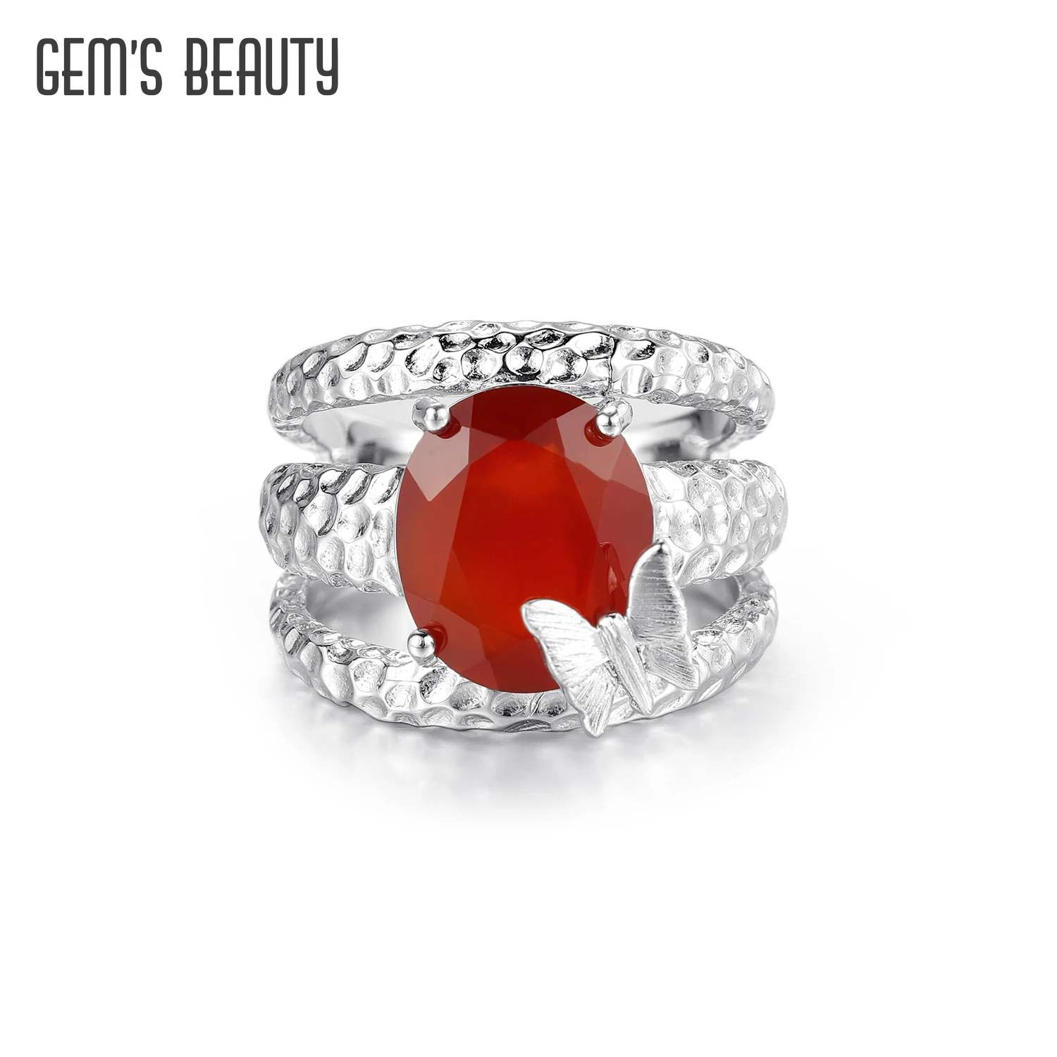 

GEM'S BALLE 925 Sterling Silver Handmade Butterfly Ring Red Agate Gemstone Statement Ring Gift For Her Cocktail Rings