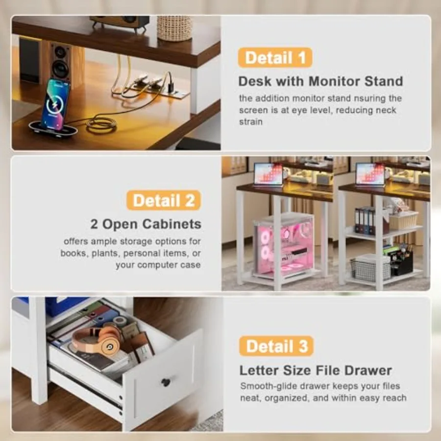 مكتب كمبيوتر مقاس 61.2 بوصة مع مكاتب طاقة للدرج ومكاتب مكتب مريحة للمزرعة مع حامل شاشة طويل وطاولة حاسوب خشبية #5