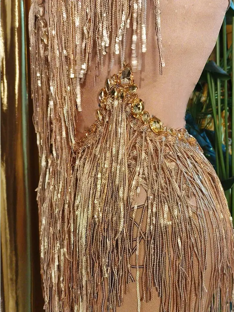 Leotardo con borlas y lentejuelas brillantes para mujer, traje de club nocturno, traje de bailarina y cantante, ropa de escenario, mono de actuación Sexy