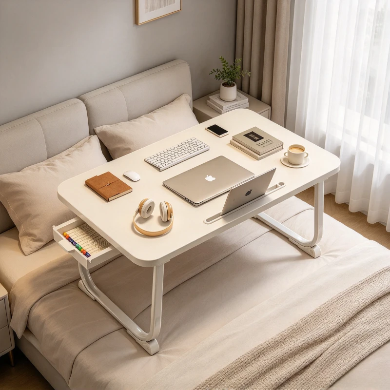 70x48 Folding Bed Laptop Desk with Drawer White Study Table Elevated Non Slip Legs and Thick Steel Frame for Bedroom Use