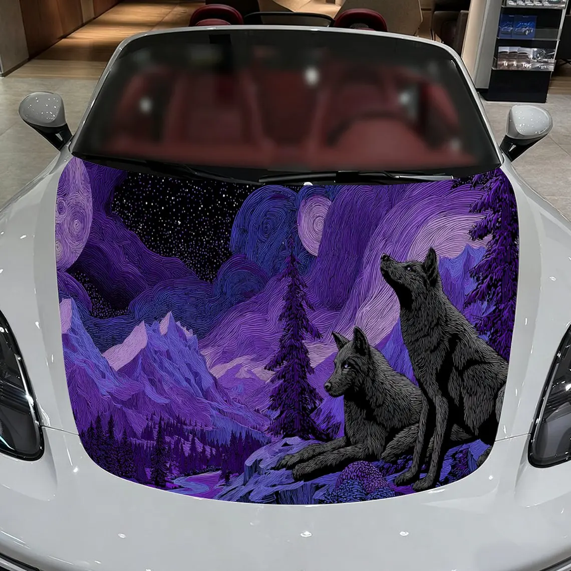 Car Decal Wolf Pair with Purple Mountainous Artistic Background & Mystic-Nature-Gothic Aesthetic Car Hood Sticker, Waterproof Se
