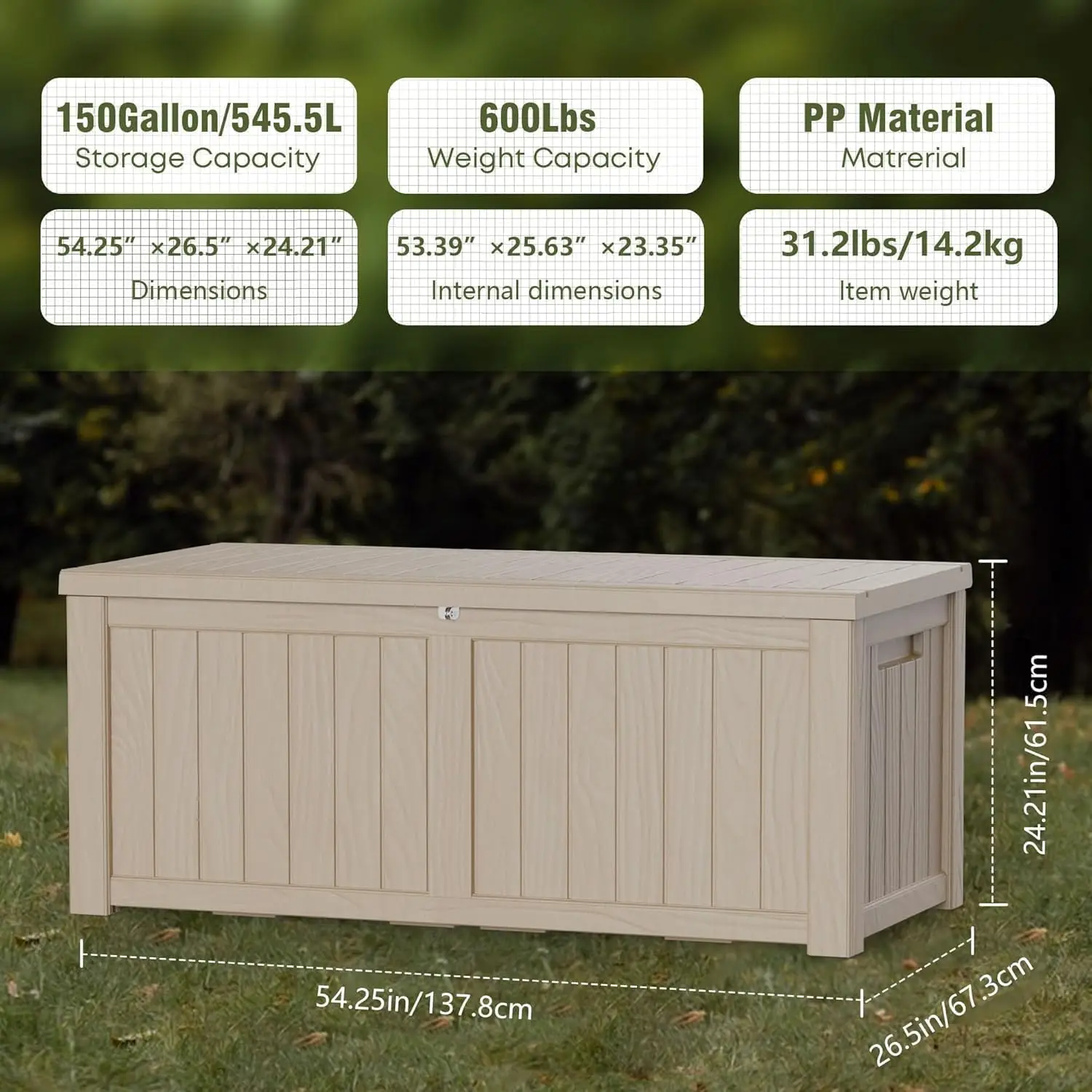 Outdoor Storage Box Waterproof, 150 Gallon Large Deck Box Lockable, Patio Storage Bin Resin for Pool Accessories Cushion
