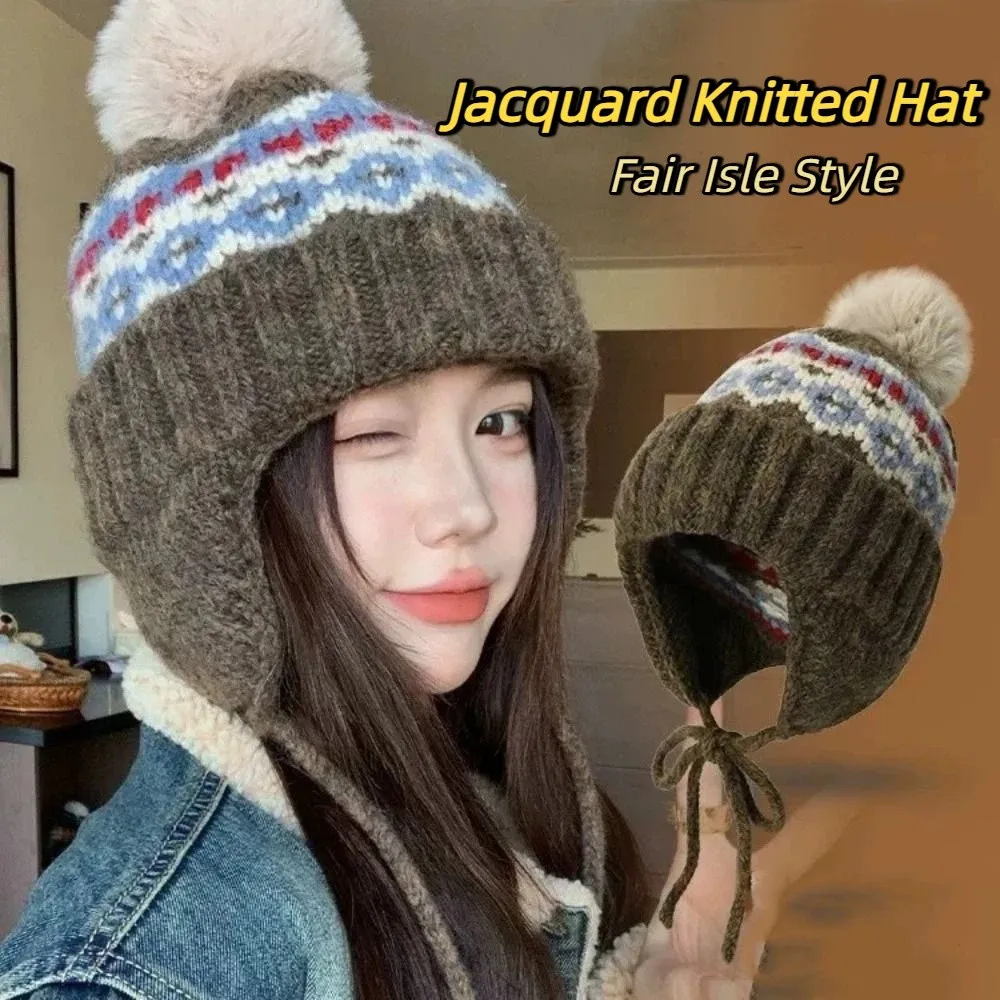 

Fashion Warm Jacquard Knitted Hat Wool Printed Fair Isle Style Beanies Korean Vintage Ear Protection Hat Girls