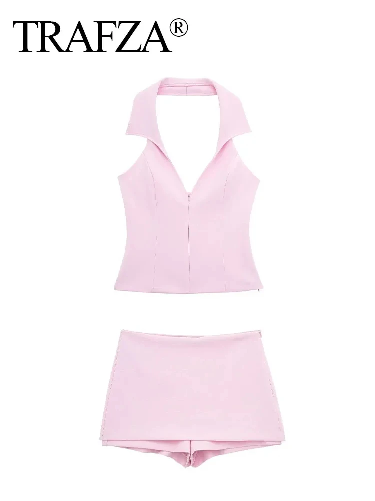 TRAF 2024 Summer Female 2 Piece Pink Set Backless Suspender V-Neck Sleeveless Zipper Cropped Top+High Waist A-Line Mini Shorts