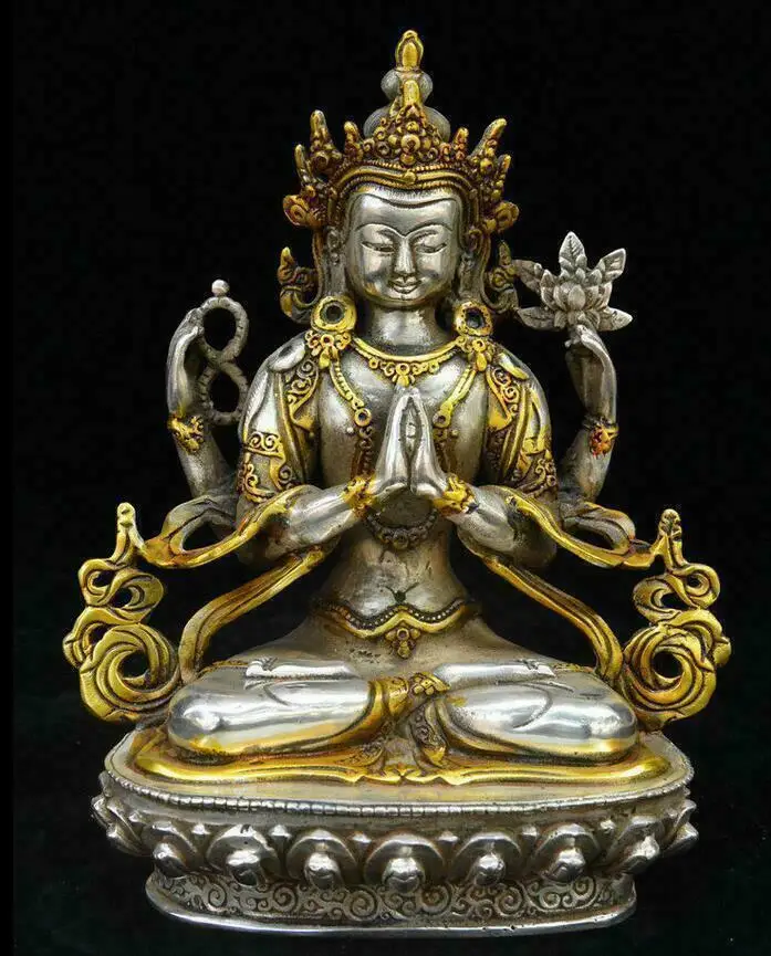 

Old Tibet Silver Gilt 4 Arms Chenrezig Goddess Buddha Avalokiteshvara God Statue