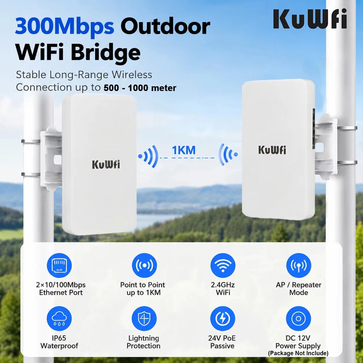 KuWFi Outdoor CPE Bridge 300Mbps 2.4G WiFi Signal Coverage Long Range Extender PTP 1KM IP65 AP Repeater Mode for IP Camera CCTV