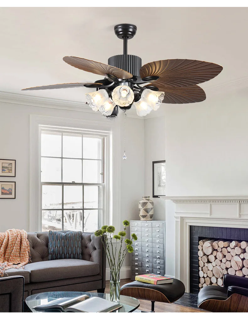 American Electric Ceiling Fan Lamp European Retro Style with LED Light Remote Control for Dining Room Living Room DC Reversible