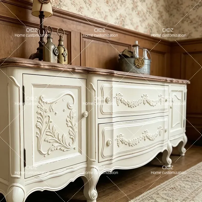 Solid Wood Engraved TV Cabinet Retro Simple Living Room Light Luxury Storage Audio Visual Cabinet Complete