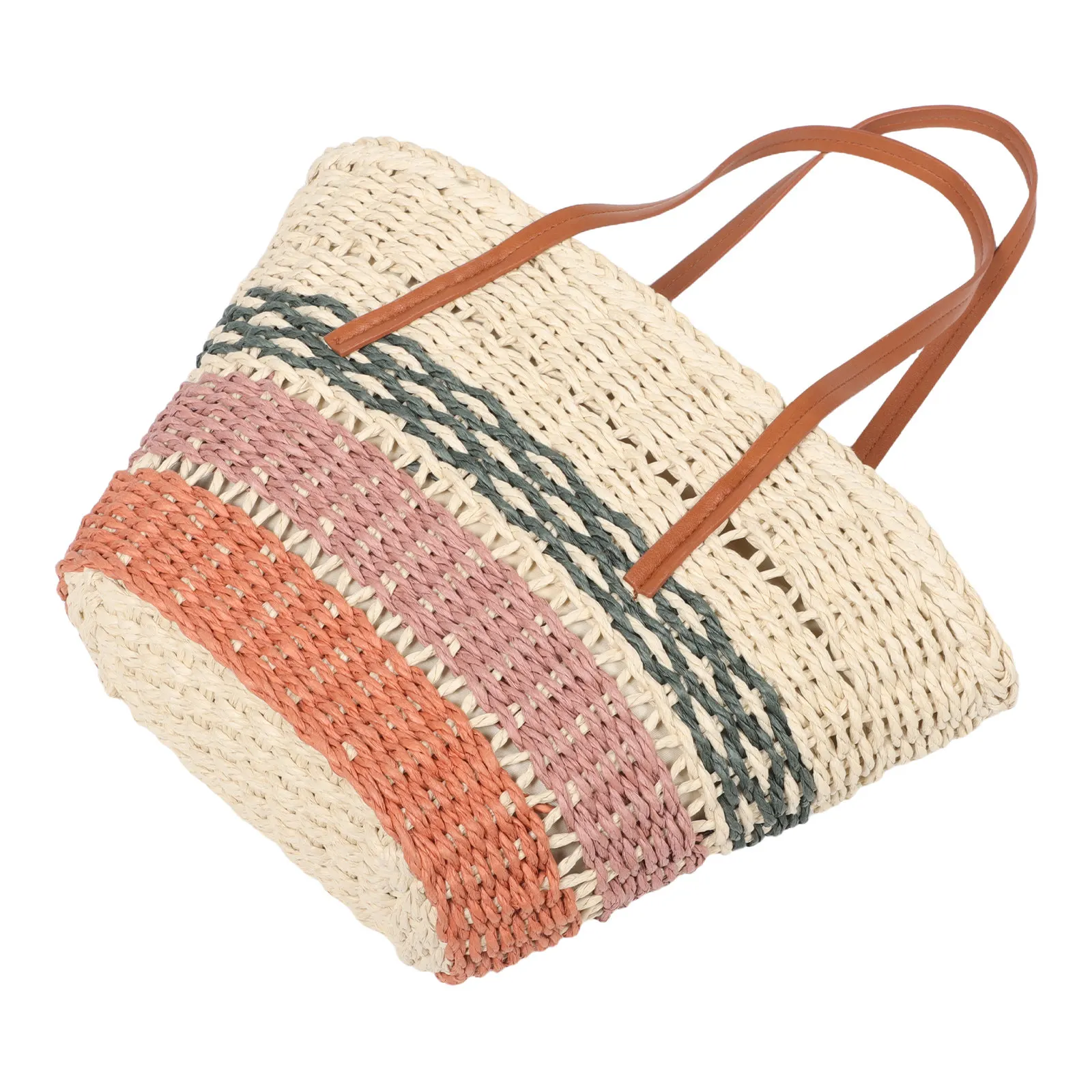 Summer Hawaiian Woven Shoulder Bag Women Striped Tropical Beach Tote Spacious Hollow Paper Rope Travel Shopping Vacation Casual