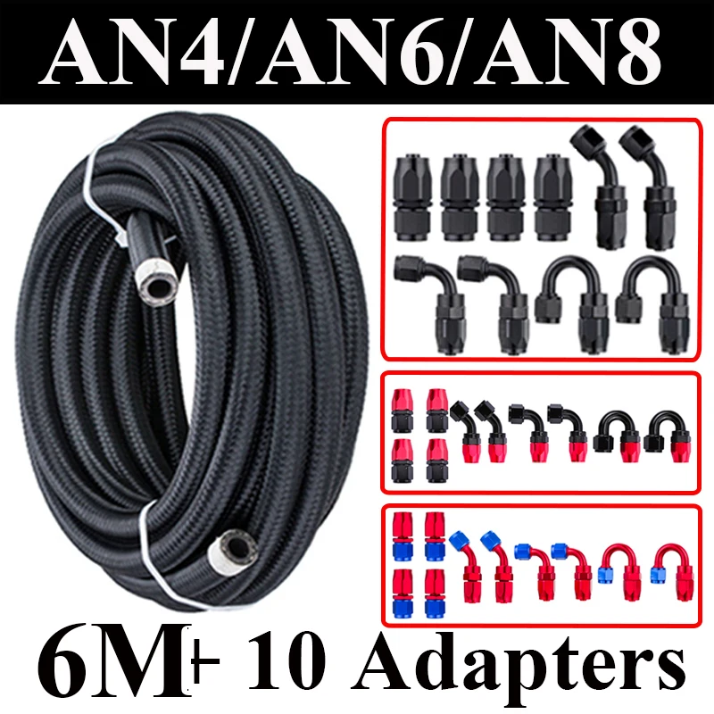 

6M AN4 AN6 AN8 Fuel Hose Oil Gas Cooler Hose Line Pipe Tube Nylon CPE Rubber 4x0 2x45 2x90 2x180 Degree Hose End Fitting Adapter