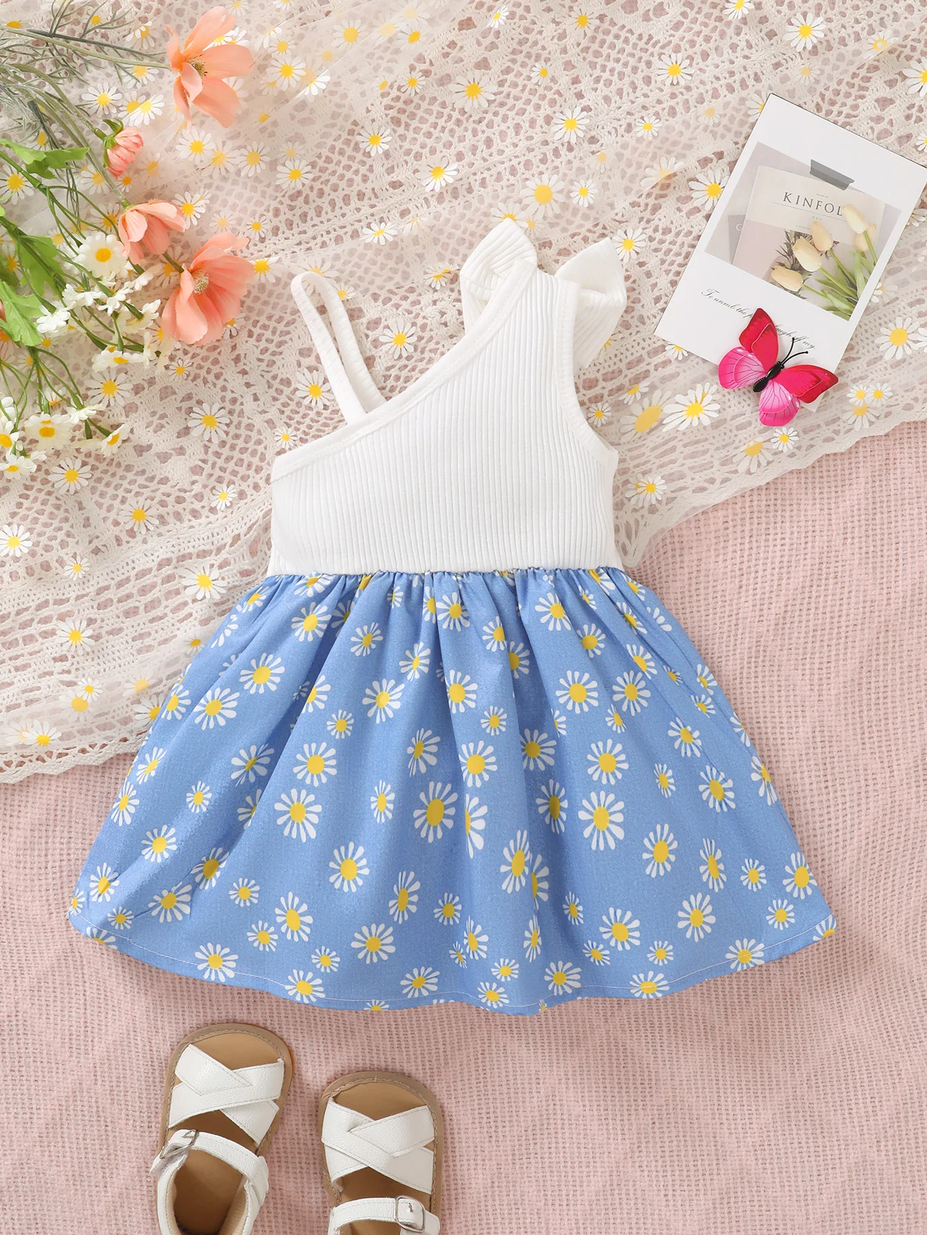 Fashionable Baby Girl Summer Diagonal Shoulder Cute Butterfly Print Sunflower Dress