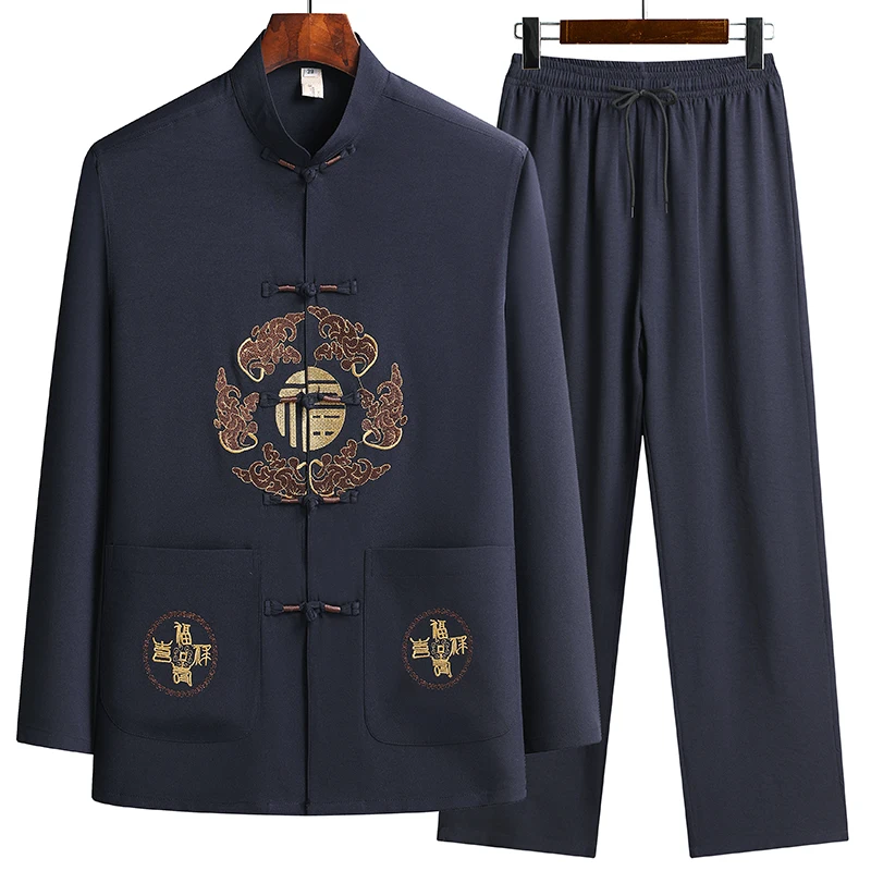 

Tang Suit (top + Pants) Tang Suit for Middle-aged and Elderly Men Father Long Sleeve Chinese Style Imitation Hemp Grandpa Suit