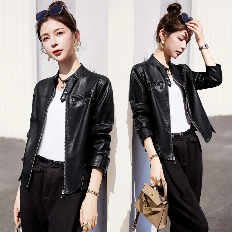 Small standing collar motorcycle leather jacket for women's spring wear 2024 new slimming temperament sheep leather jacket short