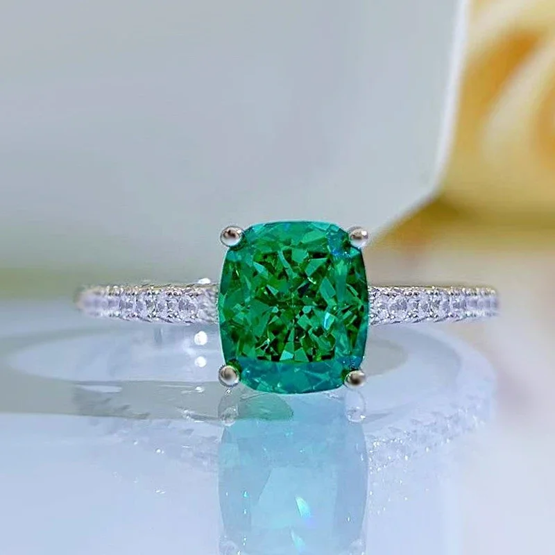 SpringQiaoer  925 Sterling Silver Radiant Cut Emerald Gemstone Ring Anniversary Cocktail Party Fine Women Jewelry