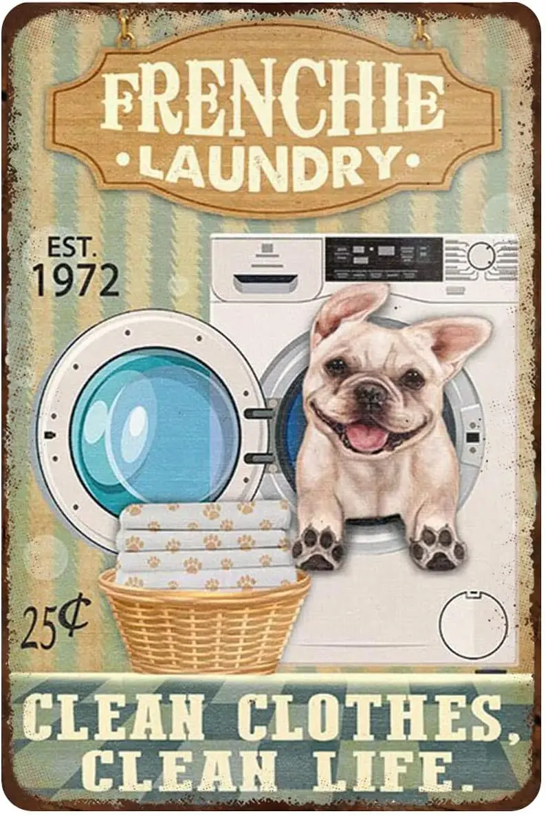 Metal Tin Sign French Bulldog Laundry Room Decor Novelty Tin Funny Laundry Signs Wash Room Decor Bathroom Home Wall Decor Vintag