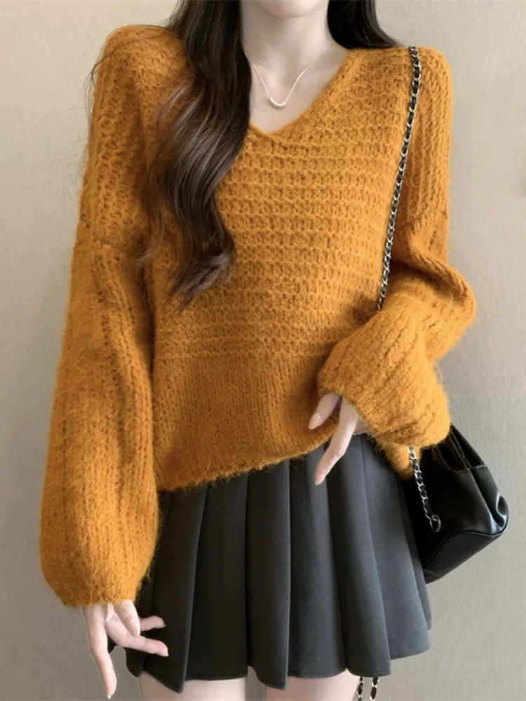 

Sunset Orange Furry V-Ne Knitted Sweater Women's Autumn Winter New Sle Small Size Commute Straight Tube Polyester Fiber