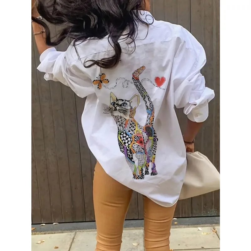 

Плюс размер 1XL-5XL, женская модная весенне-осенняя блузка с принтом кота, рубашка, женская повседневная белая рубашка, топы