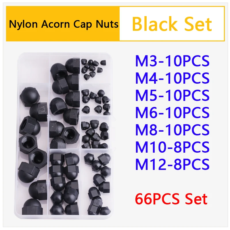 

Black Set / White Set PA66 Nylon Acorn Cap Nuts M3-10PCS M4-10PCS M5-10PCS M6-10PCS M8-10PCS M10-8PCS M12-8PCS
