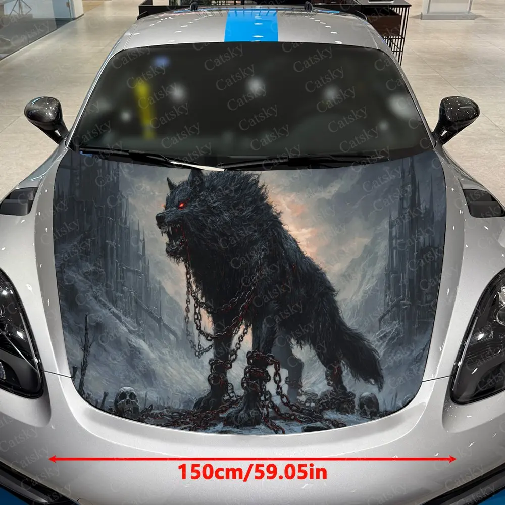 Chain-Breaking Frenzy Wolf Car Vinyl Wrap, PVC Waterproof Car Hood Sticker, Self-Adhesive Scratch-Resistant Stickers
