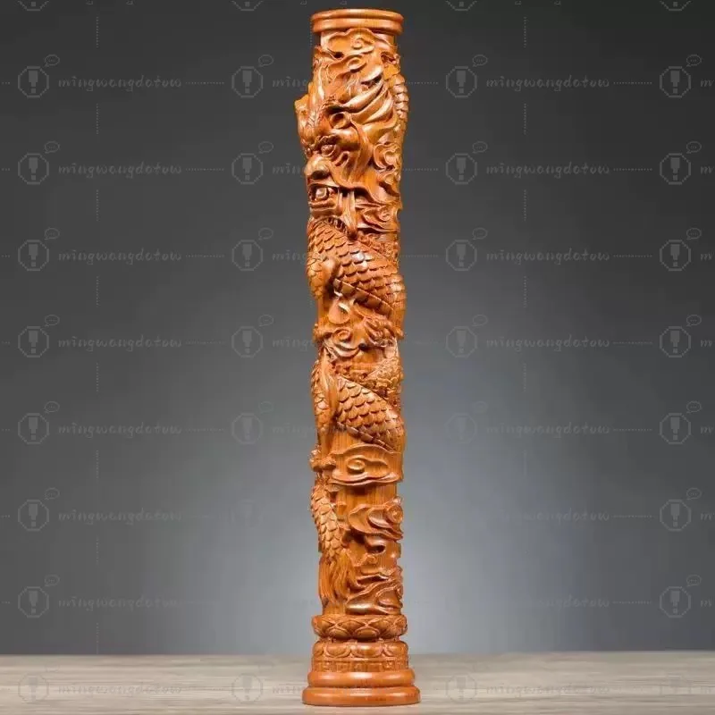 Rosewood Carved Dragon Pillar Statue, Chinese Zodiac Dragon Decor for Home & Wine Cabinet, Solid Wood Craft, Father's Day Gift