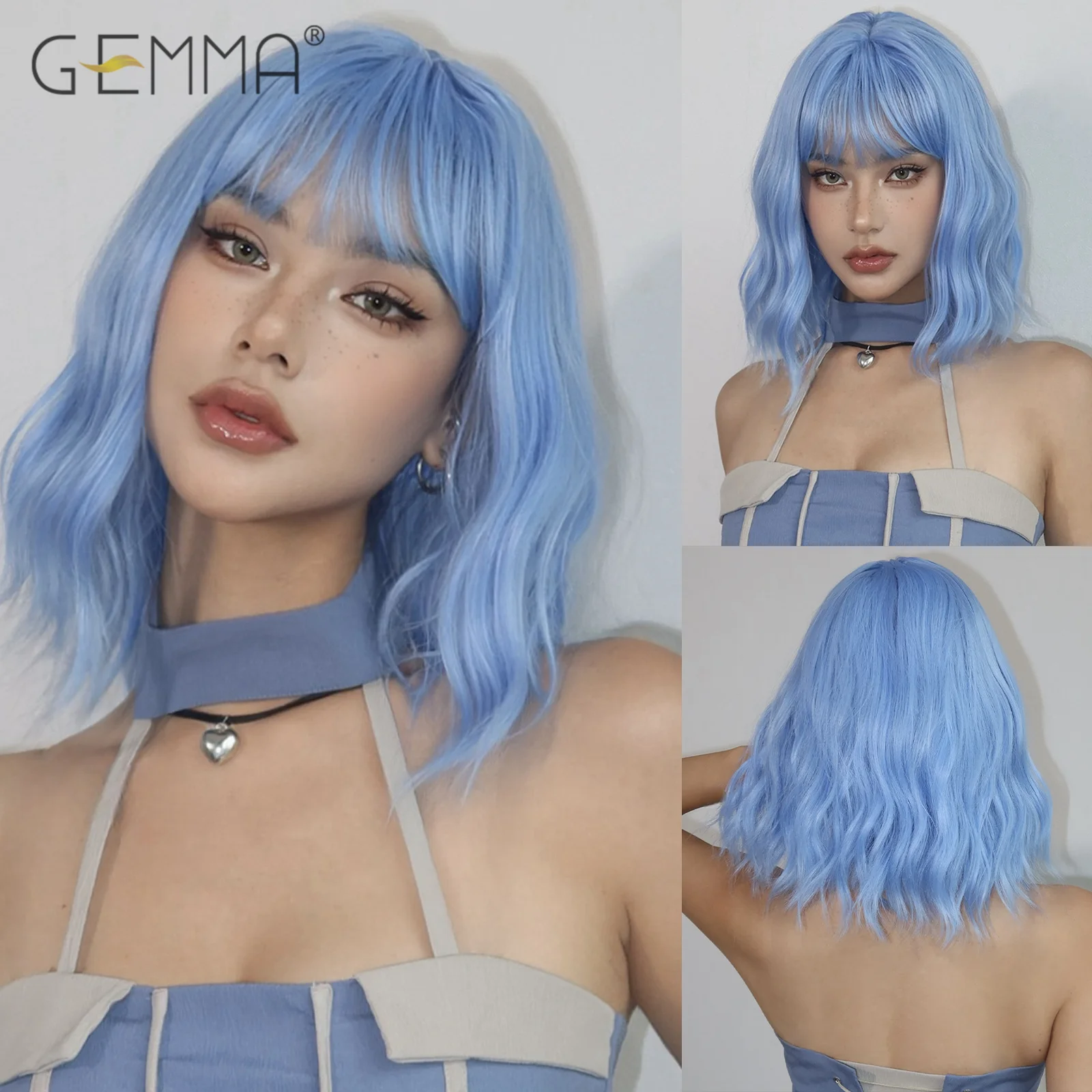 GEMMA Short Wavy Light Blue Wig with Bangs Synthetic Colorful Cosplay Wigs for White Women Heat Resistant Party Lolita Wig Hair