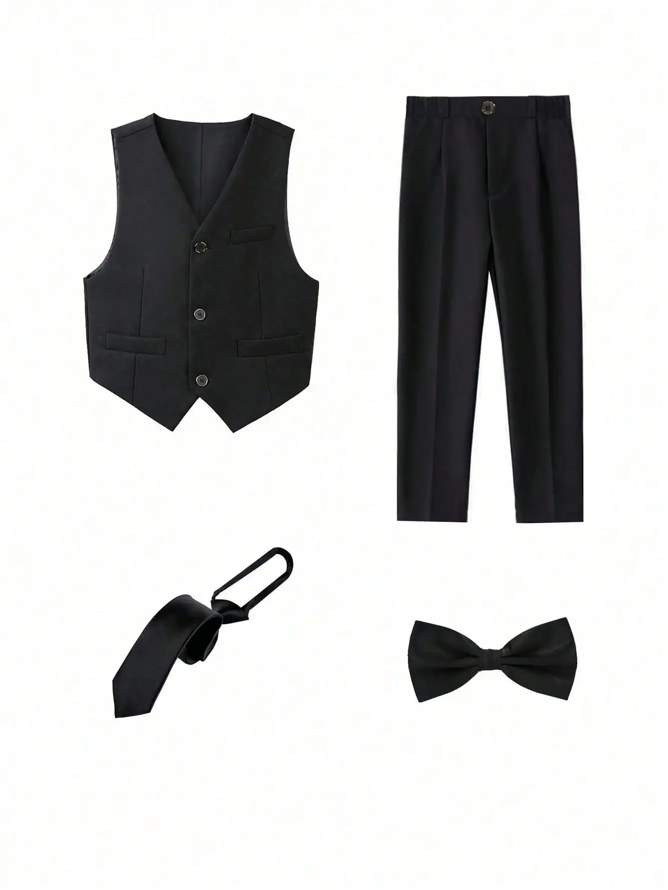 

Black 4-Piece Formal Set for Boys: Vest, Pants, Tie & Bow Tie