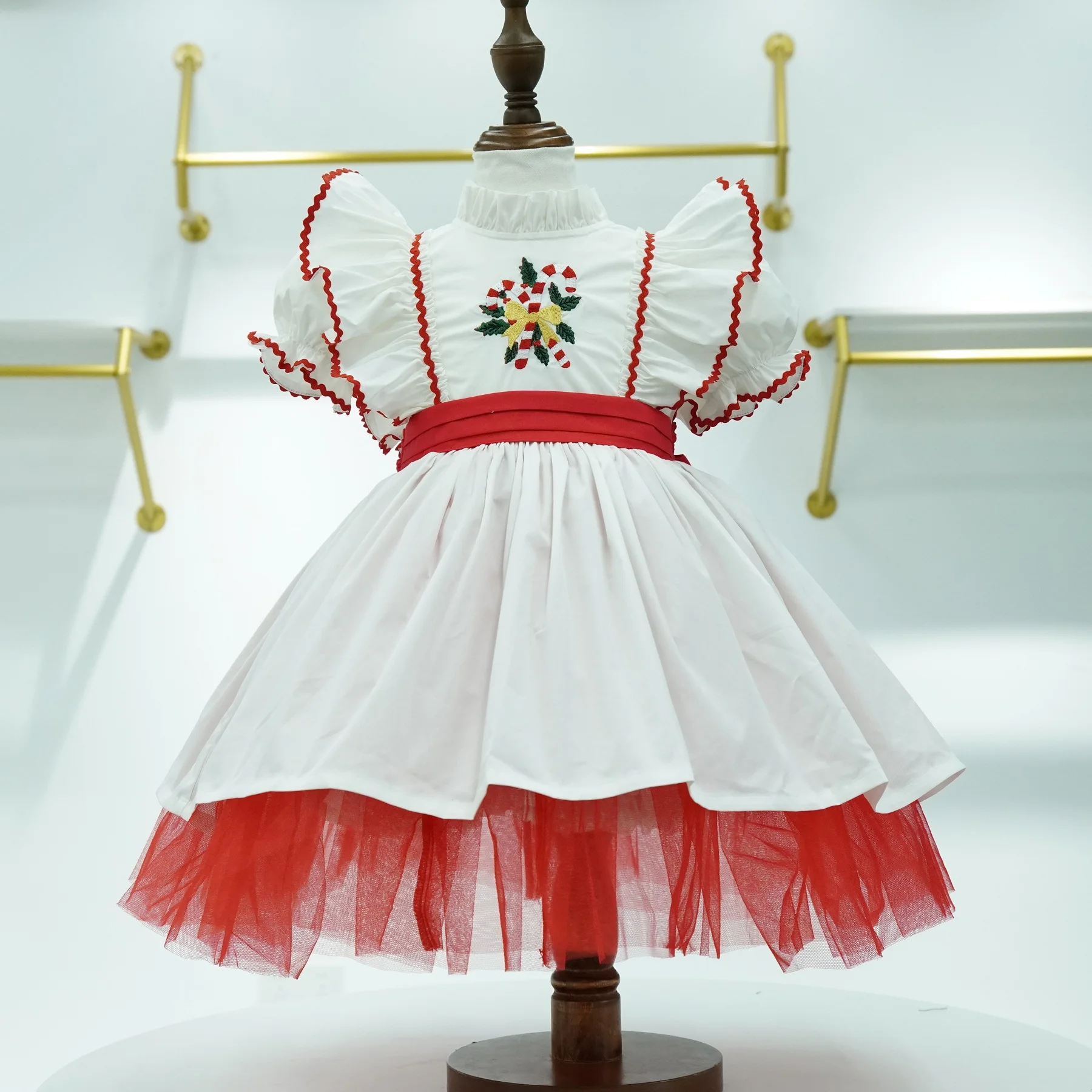 0-12Y Baby Girl Autumn Lollipop Cane Candy Embroidery Vintage Spanish Princess White Dress for Eid Causal Party Christmas C287