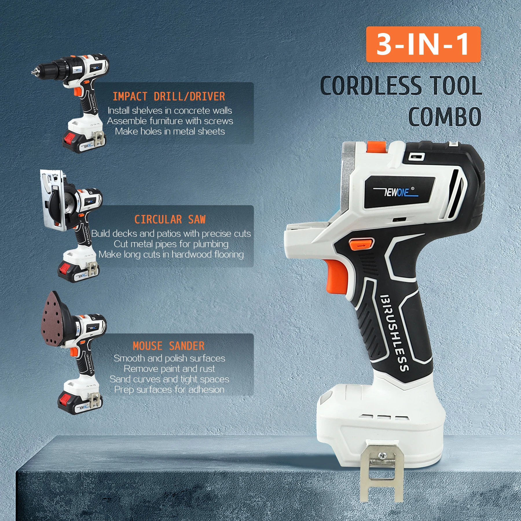 NEWONE 18V/20V MAX Brushless Lithium-Ion Cordless 3 in 1 Tool Combo Kit Impact Drill, Sander, Circular Saw With 2A Battery