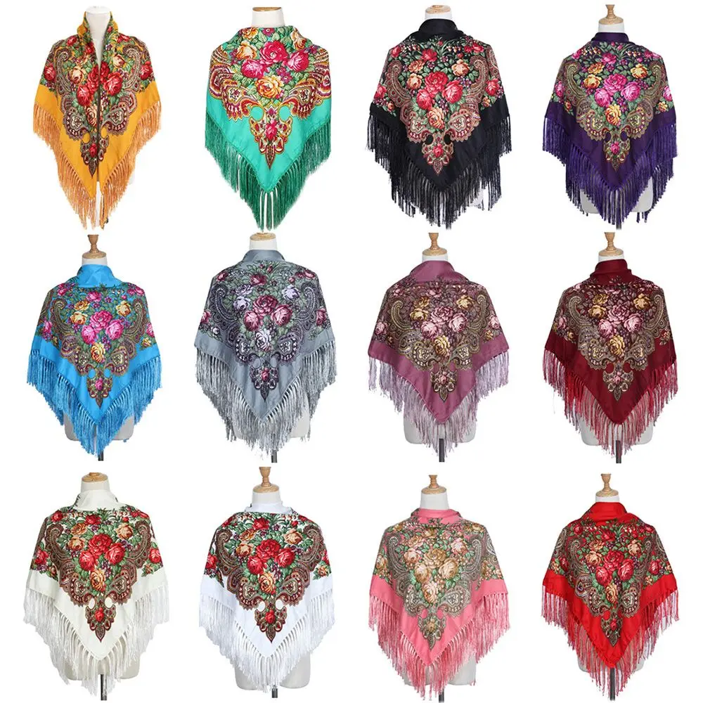 Long Vintage Russian Style Pashmina Big Size Floural Tassel Scarf Shawl Wraps Square Scarf