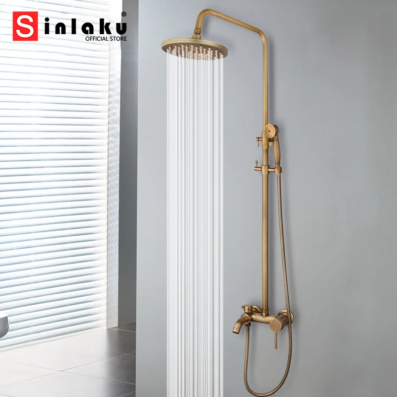 SINLAKU Bathroom Shower Faucet Set Antique Brass Wall Mounted Rainfall Round Head With Hand And Shower Lower Water Mixer Taps