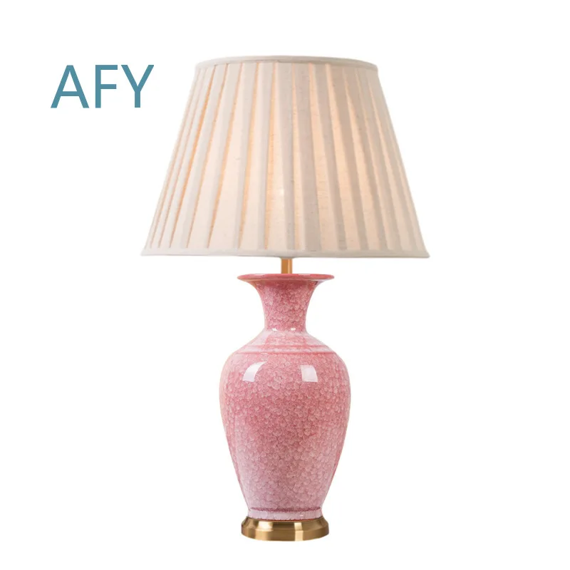 Ice Crack Pink Ceramic Table Lamp for Bedroom Living Room Wedding Decoration Crystal Glaze Porcelain Lamp All Copper Base