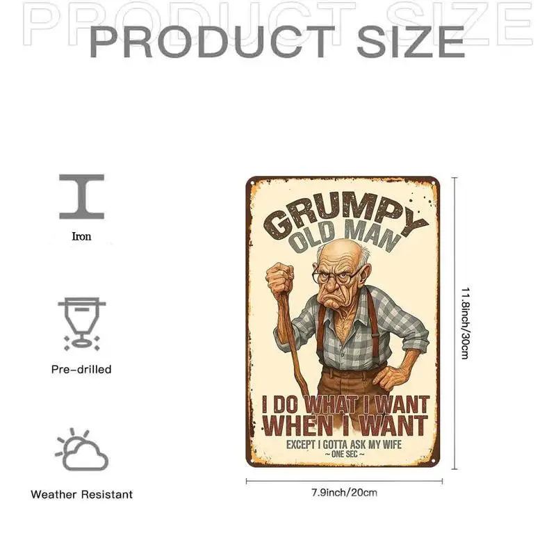 2D Flat Funny Grumpy Old Man Vintage Metal Wall Hanging Sign, Pre-drilled Holes, Versatile Decor for Indoor, Outdoor, Garden