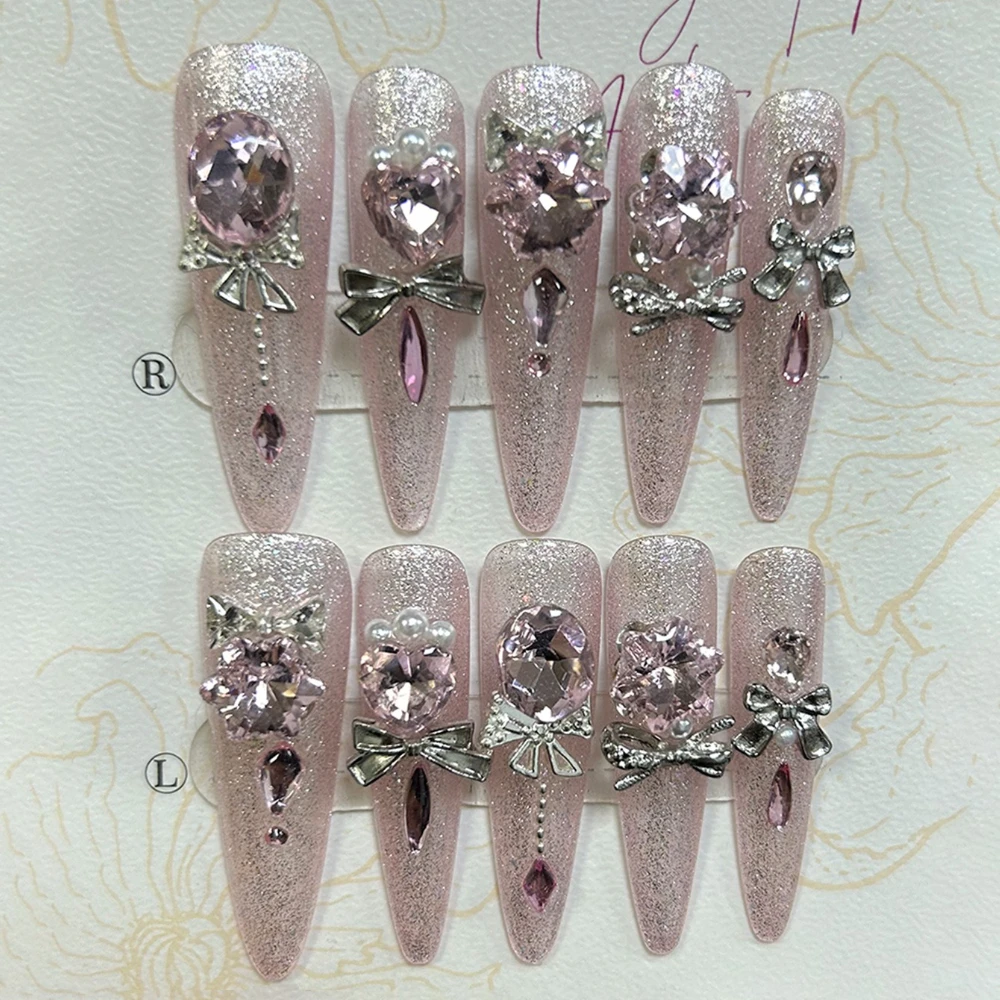 Luxury Pink Cat Eye Glitter Stiletto Handmade Press On Nails Sweet Cool 3D Diamond Pearl Long Tip Nail Art Removable Fake Nails