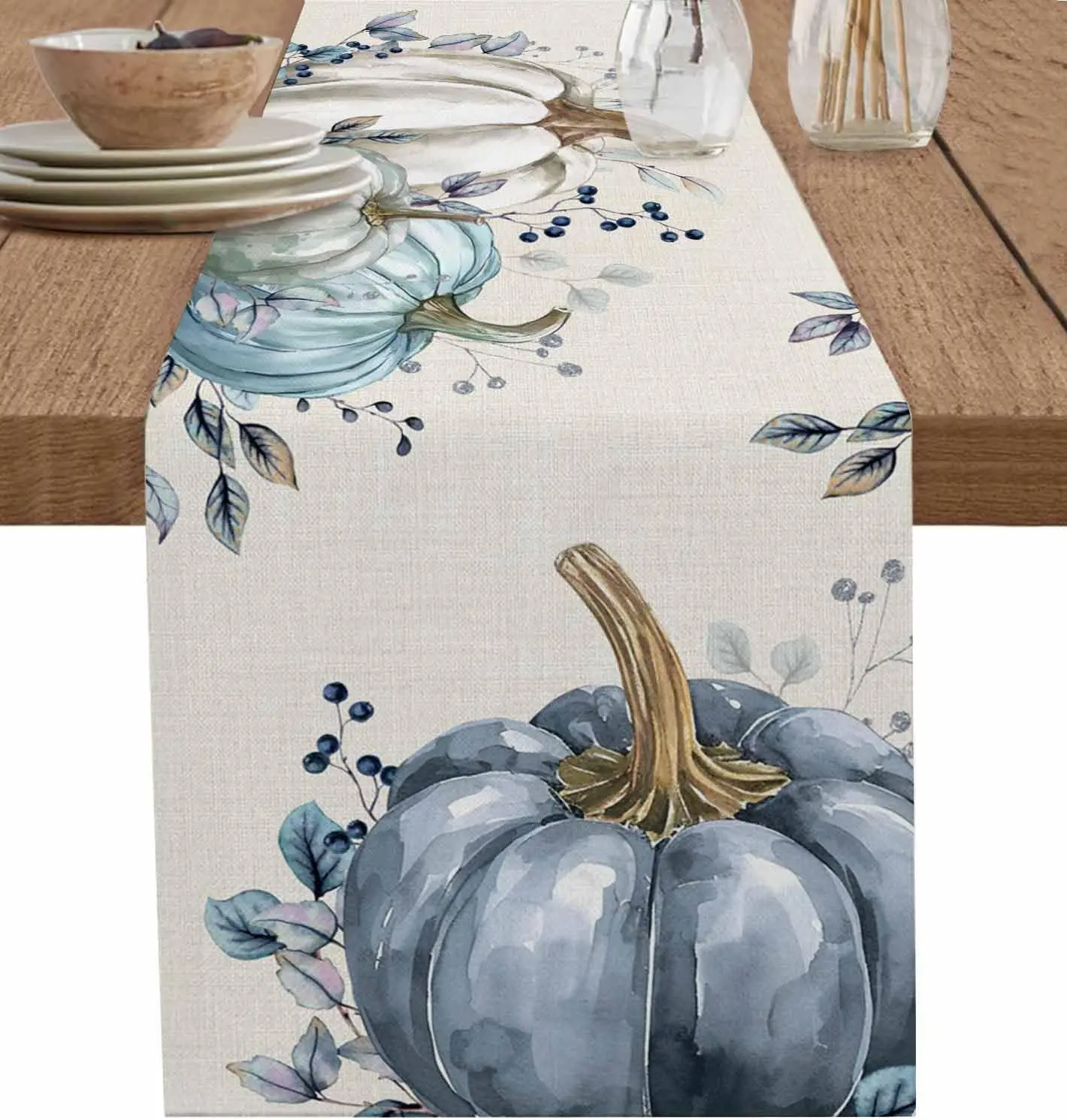 Blue White Pumpkins Fall Linen Table Runner Holiday Home Party Decor Thanksgiving Autumn Maple Leaves Table Runners Table Decor