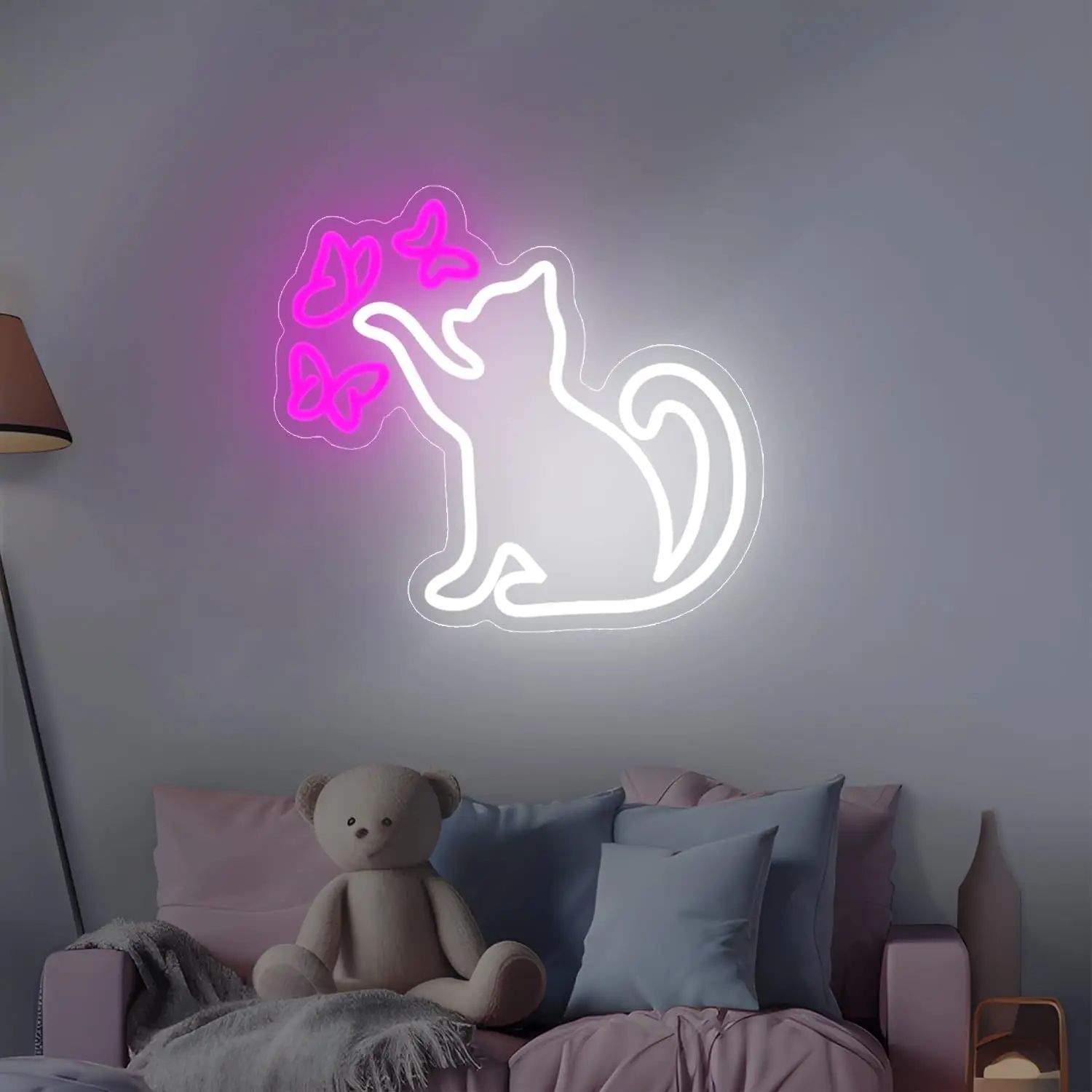Cat Butterfly Neon Sign LED Dimmable Neon Lights for Pet Shop Children Bedroom Home Livingroom Art Decor Birthday Christmas Gift