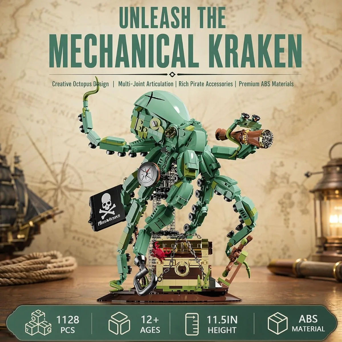 Creative DIY Pirate Kraken Octopus Model 1128PCS, Deep Sea Captain Legendary Monster Assembly Figurine Set, Collection Display view 2