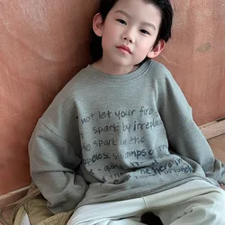 Children Clothing Kids T Shirt 2024 Spring Top Letter Printed Retro Cool Round Neck Long Sleeve Korean Style Casual Simple Top