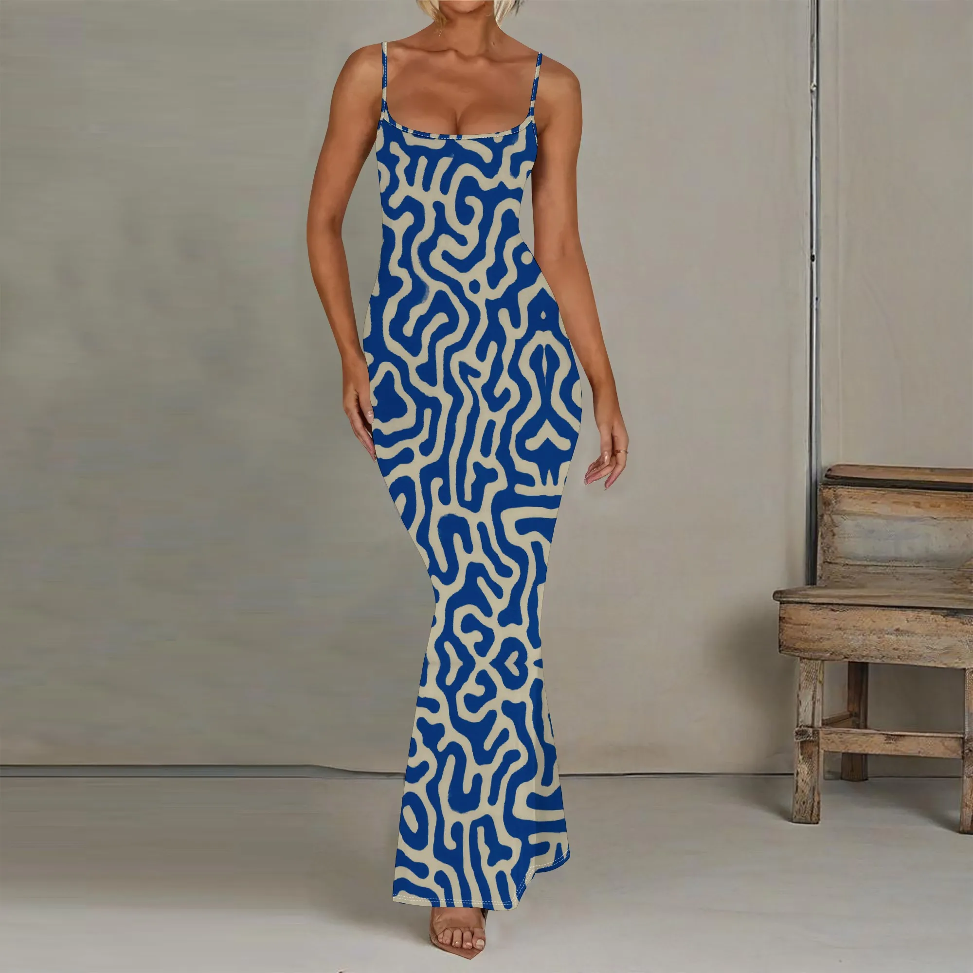 

Women's Bodycon Maxi Dress Blue Maze Print XS-3XL Sleeveless Spaghetti Strap Club Party Evening Y2K Dress