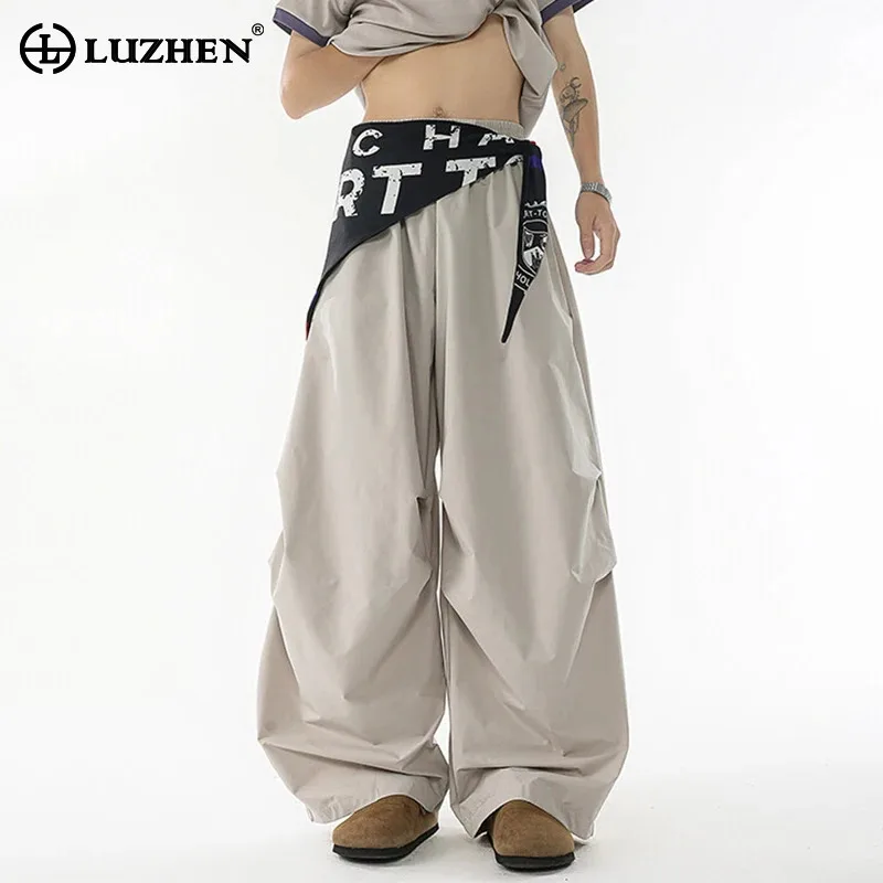 

LUZHEN Personalized Letter Printed Patchwork Hemline Design Loose Casual Pants Men 2025 New Streetwear Wide Leg Trousers JY2348