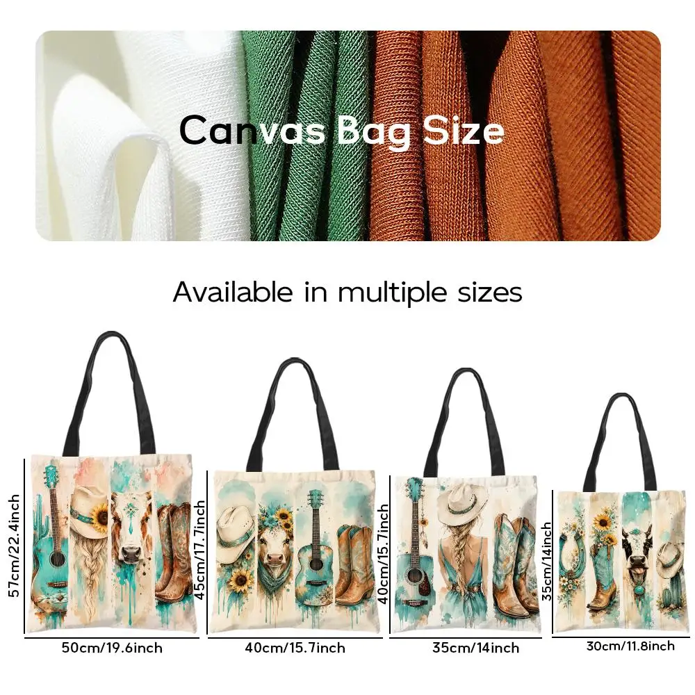 Cowgirl Canvas Tote Bag, Western Boots Hat Guitar Double-Sided Print, Large Reusable Bag For Daily Commute, Shopping And Gift