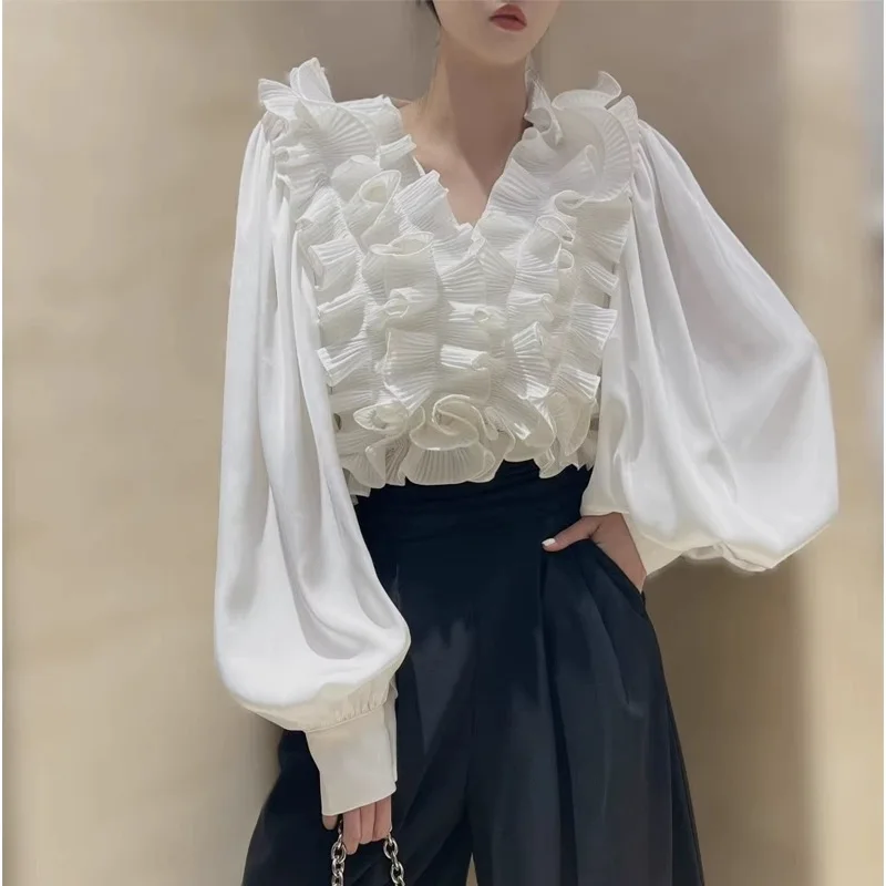 

Celebrity Lantern Long Sleeve Tops Three-dimensional Flower Ruffle Edge Patchwork Palace Loose Slimming Shirt Women Casual Tops