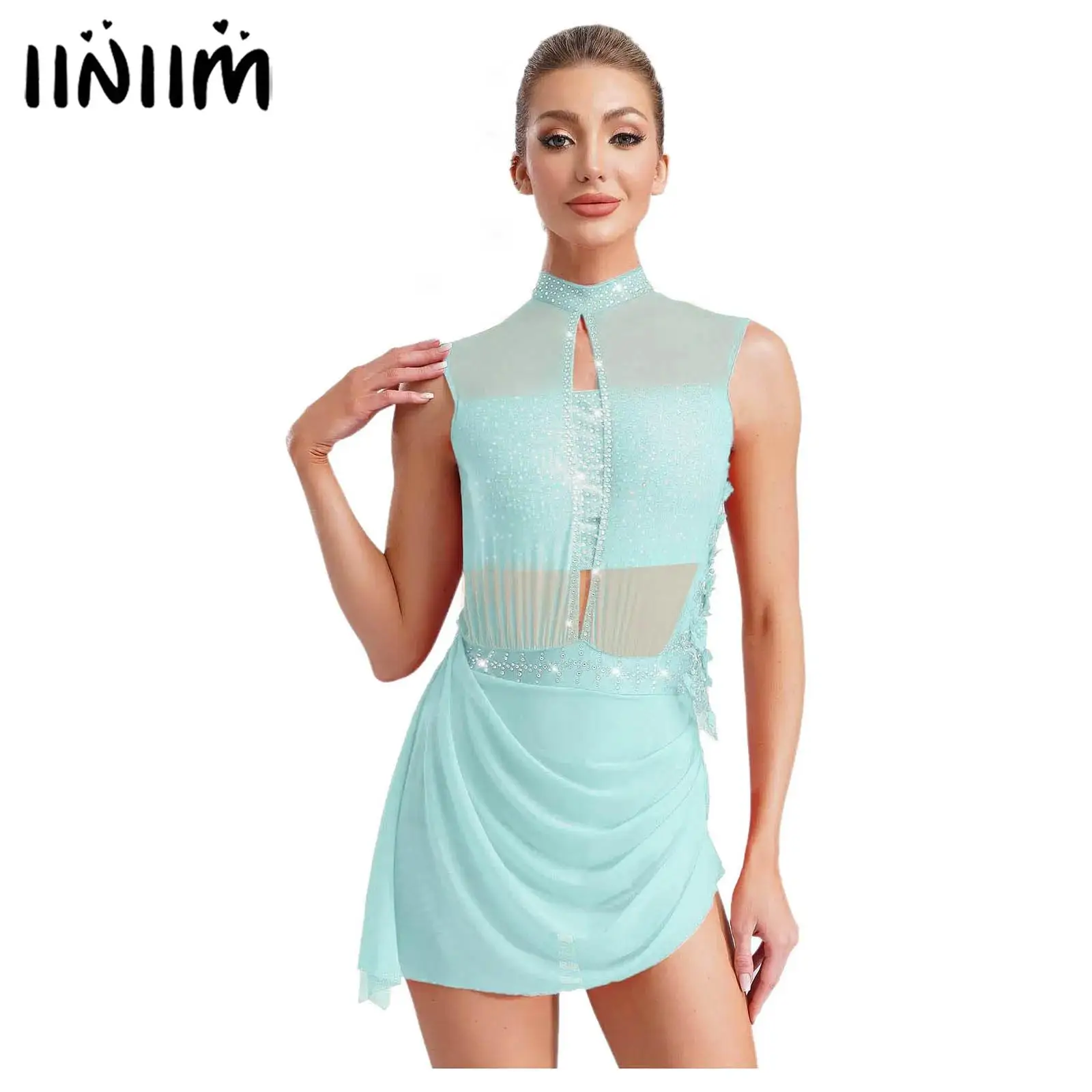 

Womens Shiny Rhinestones Gymnastics Artistic Figure Skating Backless Cutout Sheer Mesh Overlay Ballet Lyrical Dance Dresses