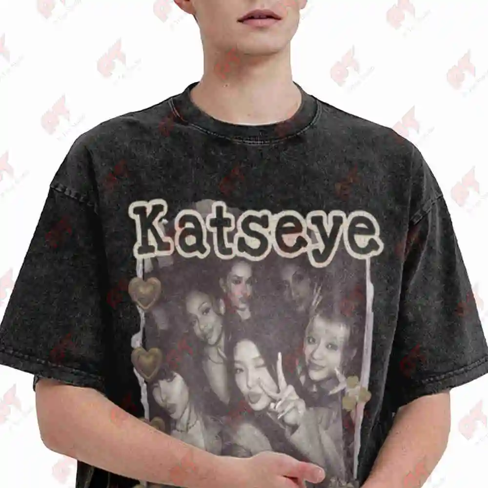 Kateye Kpop Y2K Group Scrapbook Collage Cozy Vintage Vintage Washed Tee Pure Cotton T-Shirt