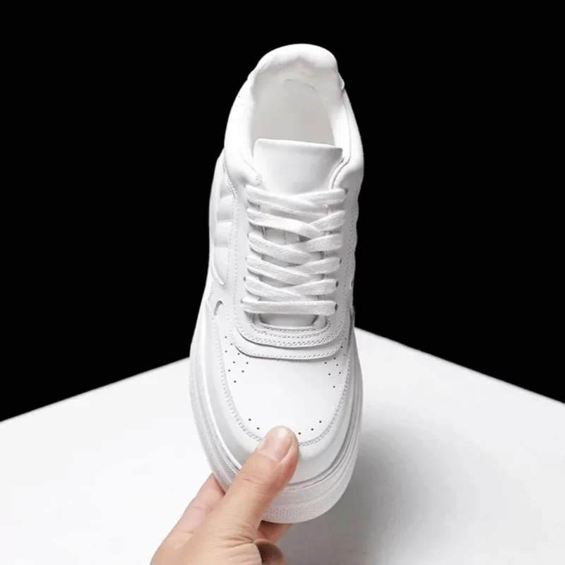 Fashion Women's White Genuine Leather Platform Sneakers Daily Wear Thick Sole Casual Shoes