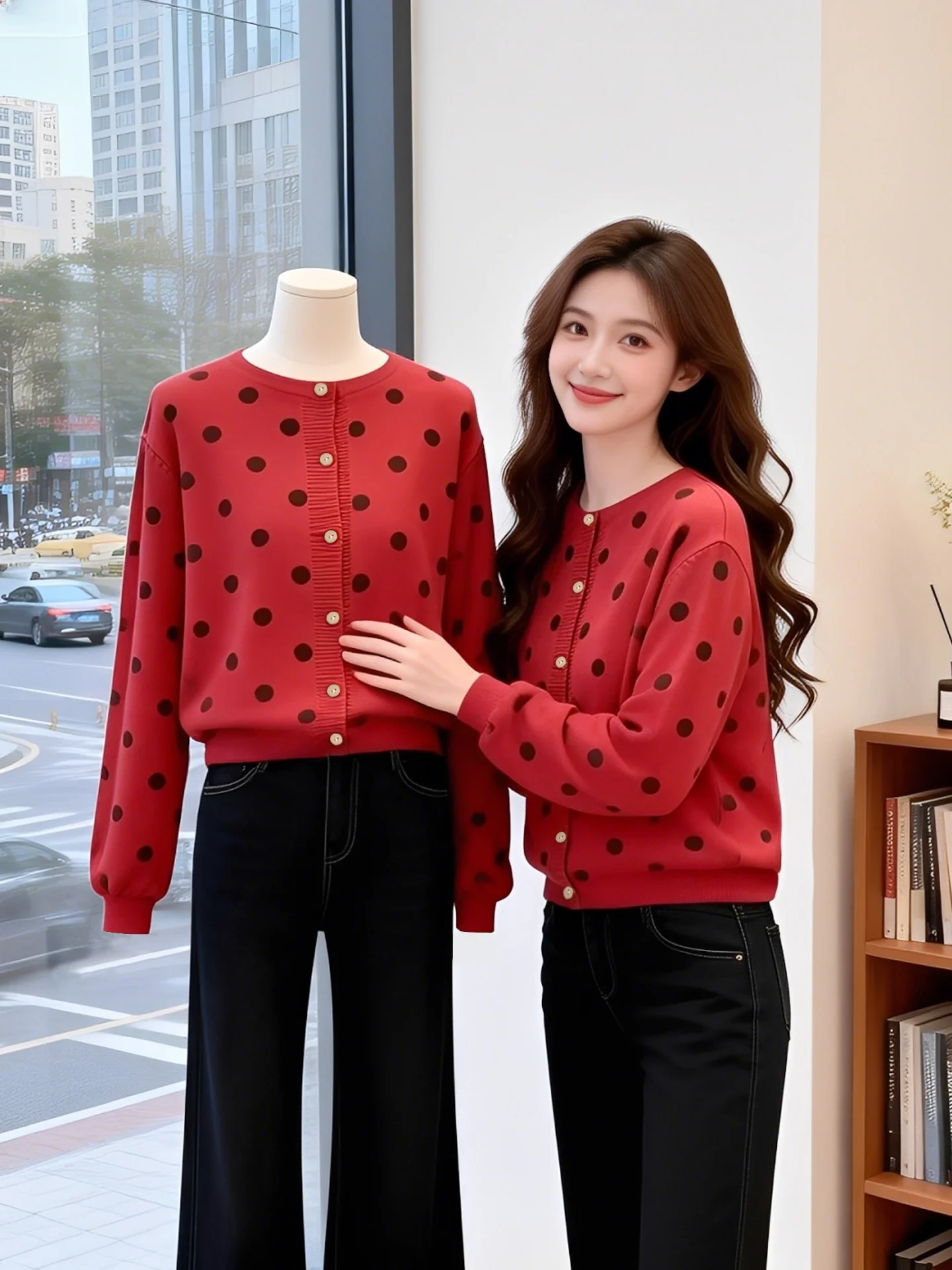 

Fashionable Polka Dot Long Sleeve Knitwear round Neck Top for Women Spring Autumn Small Size Retro Style Commute Style Loose Fit